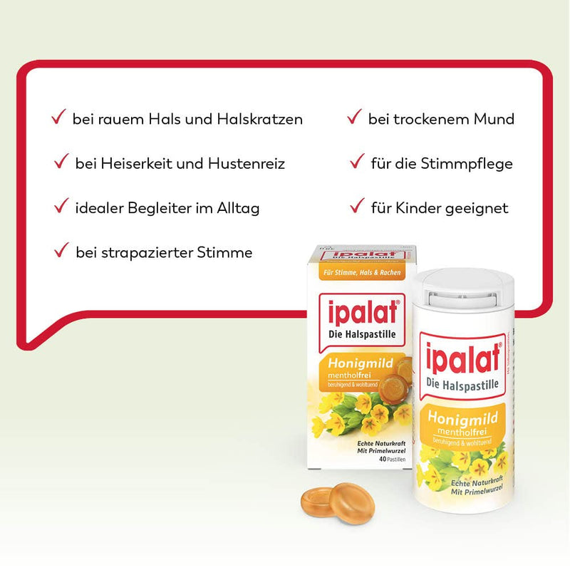 Ipalat Throat Pastilles Honey Mild: For Hoarseness & Cough Stimulation, Especially Mild Taste Without Menthol, With Primrose Root, Anise And Fennel, 40 Lozenges - NewNest Australia