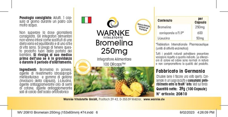 Bromelain capsules - 250mg bromelain per capsule - 600 FIP - natural pineapple enzyme - vegan & high dosage - 100 capsules | Warnke vital substances - NewNest Australia