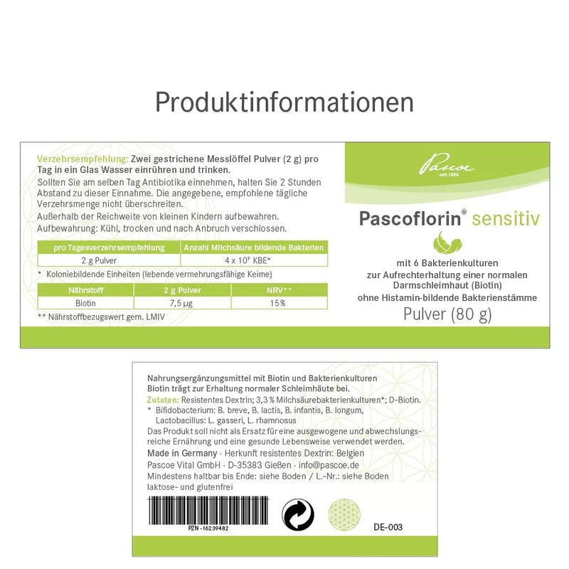 Pascoflorin Sensitive: Dietary Supplement With Lactic Acid Forming Bacterial Cultures - Without Histamine-Forming Bacterial Strains - Vegan, Lactose And Gluten Free - 80 G - NewNest Australia