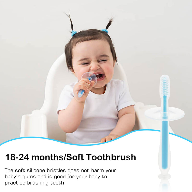 3 in 1 Baby Training Toothbrush Set - Infant to Toddler Toothbrush Oral Care Silicone Toothbrush for Baby - Food Grade Silicone,Extra Soft Bristles,Perfect for 0-24 Months(3-Pack,Blue) Blue - NewNest Australia