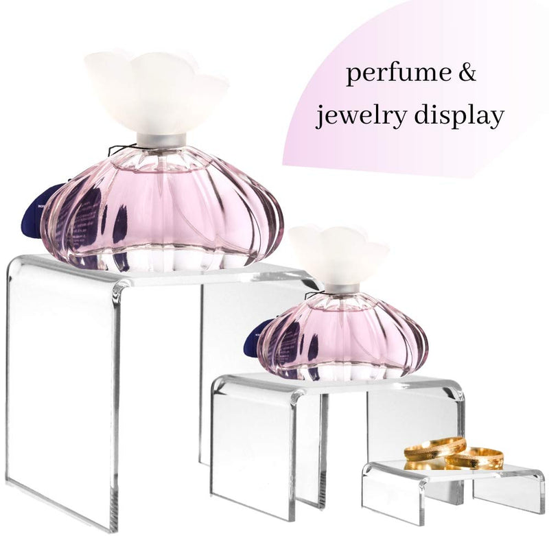 NewNest Australia - BANBERRY DESIGNS Clear Acrylic Display Risers - Set of 3 Assorted Sized Tabletop Stands - Transparent Retail Shelf Fixtures - Jewelry Food Candy Makeup Perfume Pedestals 