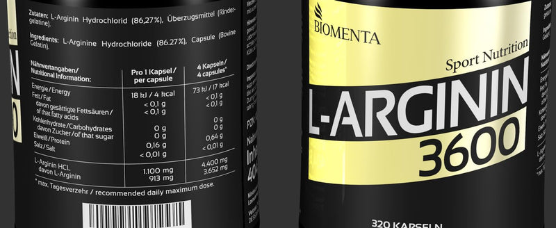 BIOMENTA L-Arginine 3600 - 320 arginine capsules high dosage with 913 mg amino acid/capsule - storage pack - premium quality - NewNest Australia