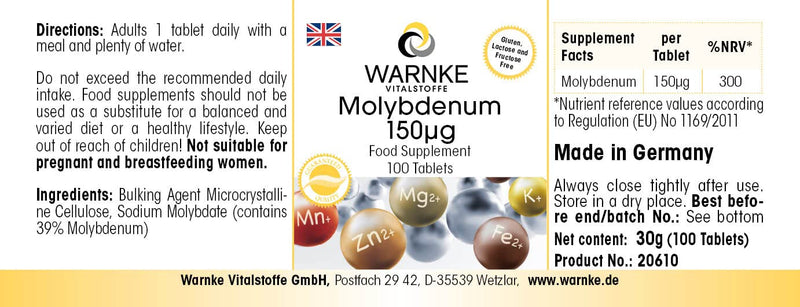 Molybdenum 150µg - 100 tablets - vegan - essential trace element | Warnke vital substances - NewNest Australia