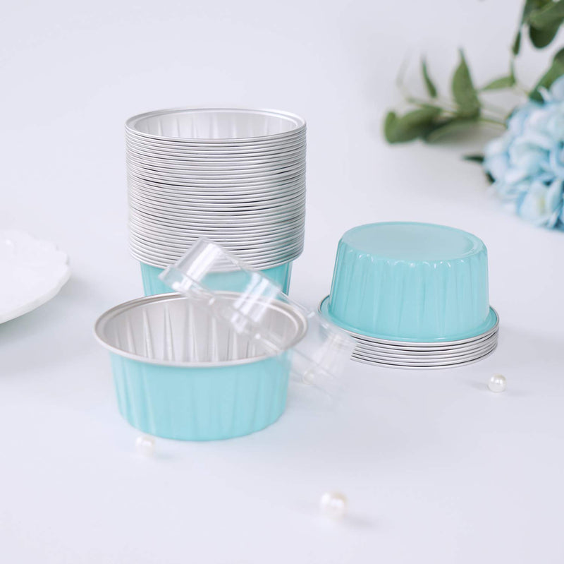 NewNest Australia - Aluminum Cups with Lids, Eusoar 50pcs 5oz 125ml Aluminum Foil Muffin Liners Cups with Lids, Aluminum Cupcake liners, Disposable Foil Ramekins Pans, Cupcake Baking Cups, Aluminum Foil Cupcake Holders Tiffany Blue 