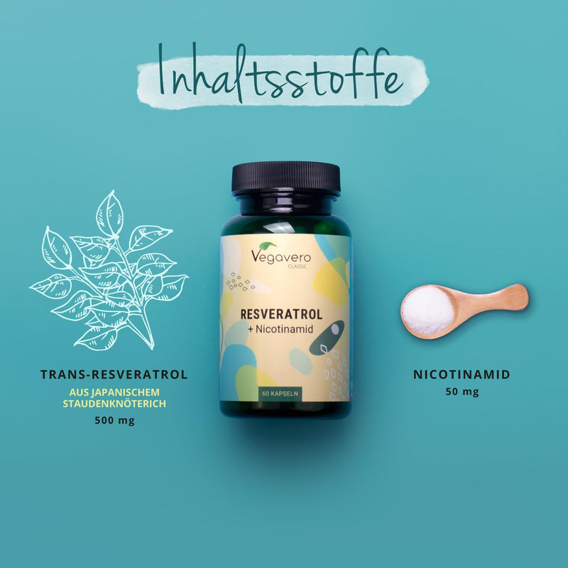 RESVERATROL Vegavero® | 500 mg Trans-Resveratrol | Plus Nicotinamide | 98% pure trans-resveratrol from Japanese knotweed | Without additives | 60 capsules | Vegan - NewNest Australia