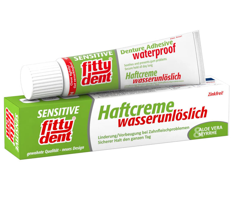 fittydent® sensitive adhesive cream 40g | Upper and lower jaw prostheses | Apply once a day | Only water-insoluble adhesive cream | For sensitive gums with aloe vera and myrrh 40 g (pack of 1) - NewNest Australia