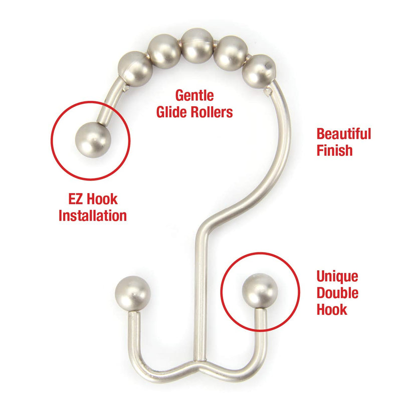 2lbDepot Double Shower Curtain Hooks Rings (Brushed Nickel, Satin Decorative Finish) Premium Rust Resistant Stainless Steel Metal Hook, Roller Balls Glide on Shower Rods, Set of 12 Brushed Nickel - NewNest Australia