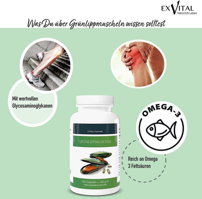 Green-Lipped Mussel 300 Capsules - Highly Concentrated, Exvital Vitahealth, 300 Capsules In German Premium Quality, No Magnesium Stearate, Apotest: "Very Good" - NewNest Australia
