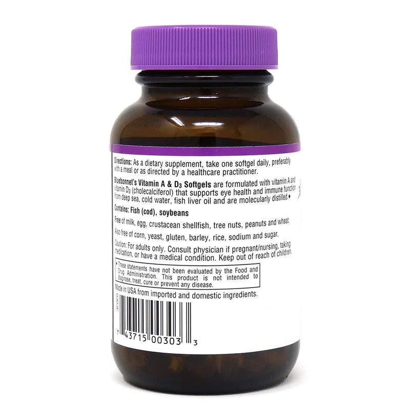 Bluebonnet Nutrition Vitamin A & D3 25,000 IU/1,000 IU from Deep Sea, Cold Water, Fish Oil - For Eye Health & Immune Function* - Gluten Free - Dairy Free - Molecularly Distilled - 100 Softgel/Servings - NewNest Australia