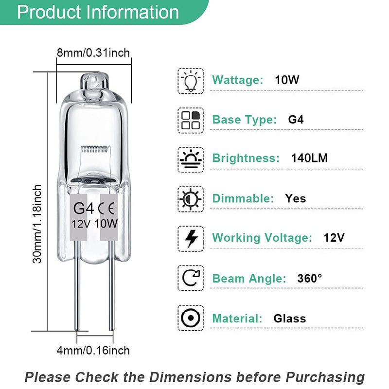 G4 Bulb 12 Pack Crystal Clear Halogen Light Bulb 2 Pin 12V 10W JC T3 Bi-Pin G4 Base Dimmable 2700K Warm White 2 Prong Light Bulb for Under Cabinet Puck Light, Chandeliers, Landscape Lighting 10.0 Watts - NewNest Australia