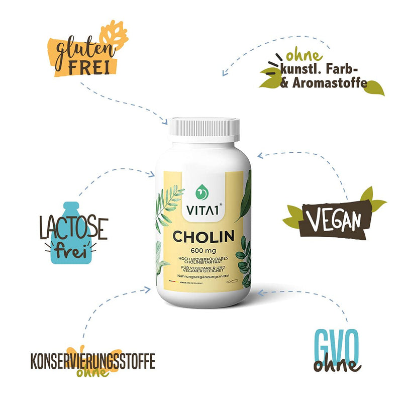 Choline 600mg • 60 capsules • for normal fat metabolism • VITA1 • Choline capsules for vegans and vegetarians - NewNest Australia