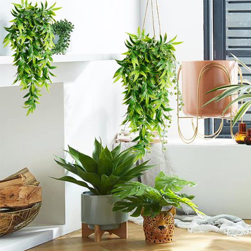 Artificial Hanging Plants Fake Bamboo Leaves Plants Faux Hanging Plants for Patio Porch Outdoor Plants Decor (2 Pcs) Green 2 - NewNest Australia