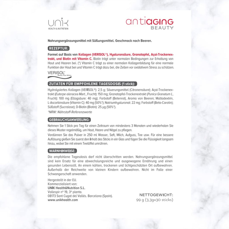 Unik Antiaging Beauty | Hydrolyzed Collagen Verisol (5 Clinical Studies) With Hyaluronic Acid, Pomegranate, A√ßai, Vitamin C, Biotin | Reduces Wrinkles And Skin Sagging | 30 Sticks | Unik Health - NewNest Australia