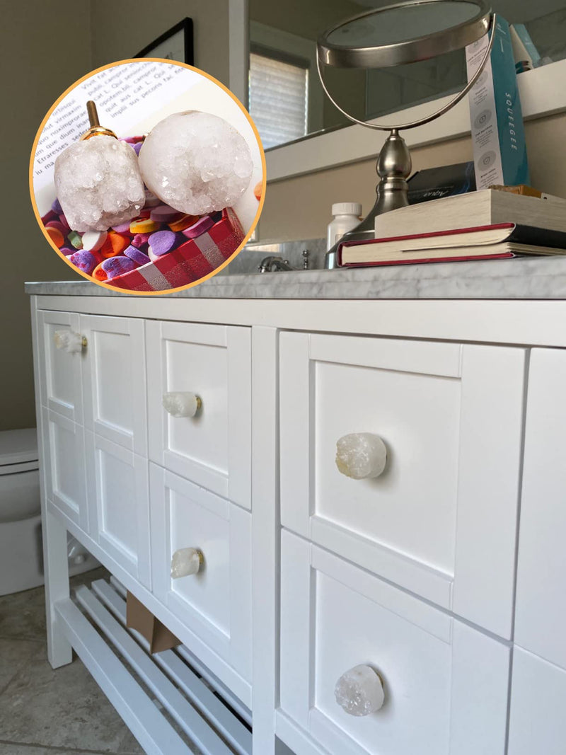 AMOYSTONE 2pcs Natural White Geode Stone Unique Knobs Small 1" Handle Pulls Thread Brass for Door Drawer, Bedroom Cabinet - NewNest Australia