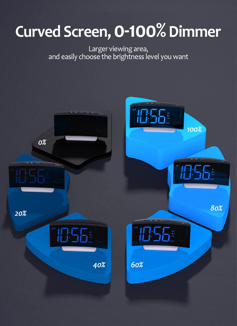 Alarm Clock for Bedroom, FM Clock Radio with 180° Rotatable Projector, Adjustable Brightness for Screen and Projection, Large LED Display, Dual Alarms, 3-Level Volume, Digital Clock with USB Charger - NewNest Australia
