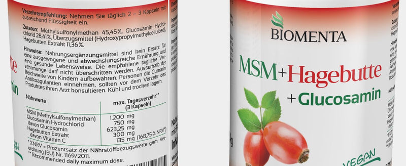 BIOMENTA MSM + Rosehip + Glucosamine - 180 allergen-free MSM capsules high dosage with 1,200mg sulfur powder + 750mg glucosamine HCl + 300mg rosehip extract/day - vegan - premium quality - NewNest Australia