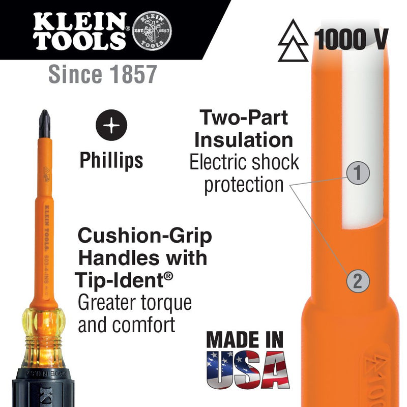 Klein Tools 33532-INS Electrical Insulated Screwdriver Set of 2, 4-Inch Phillips and Cabinet Set, Made in USA - NewNest Australia