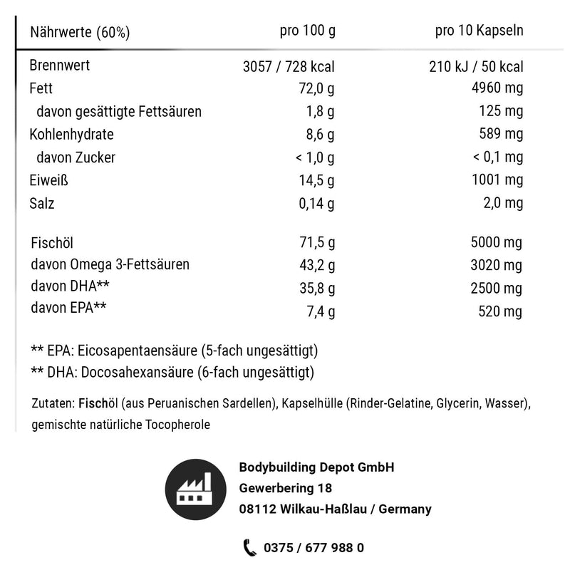 Bodybuilding Depot® - Omega 3 fish oil capsules, high dose with 500 mg fish oil per capsule, high quality with DHA and EPA, (400 capsules 60%) 400 capsules 60% - NewNest Australia