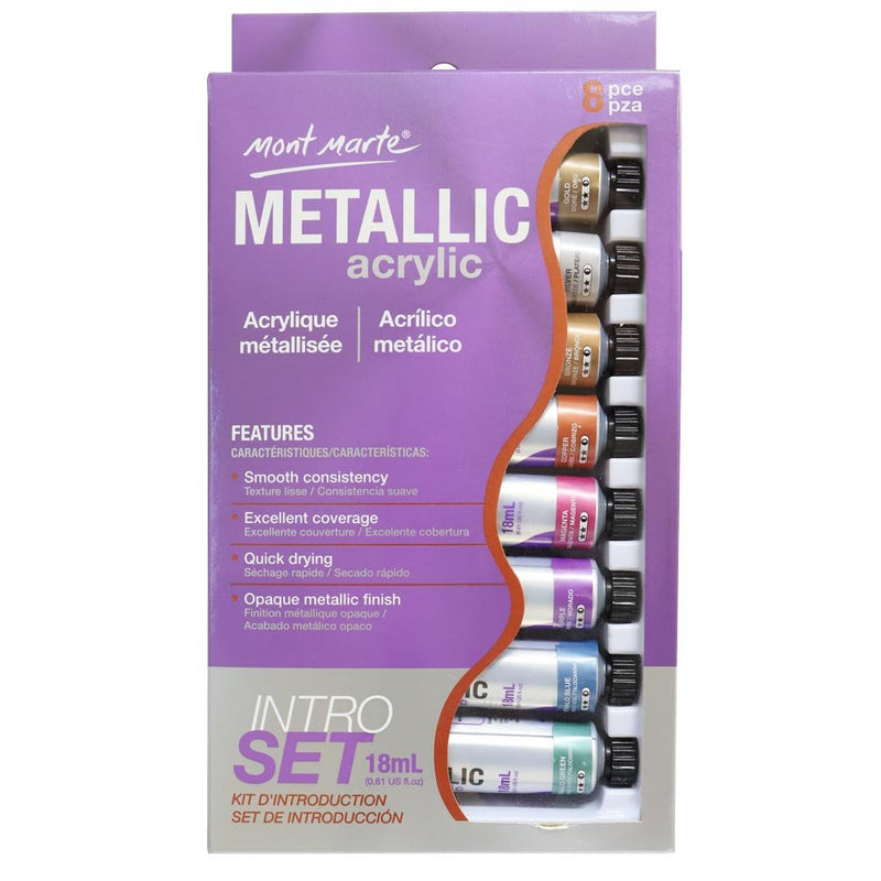 Mont Marte Metallic Acrylic Paint Set 8 Piece x 18 ml Tubes, Lightfast Colors with Smooth Consistency and Opaque Metallic Finish. 8 mixed colors 0.6 Fl Oz (Pack of 8) - NewNest Australia