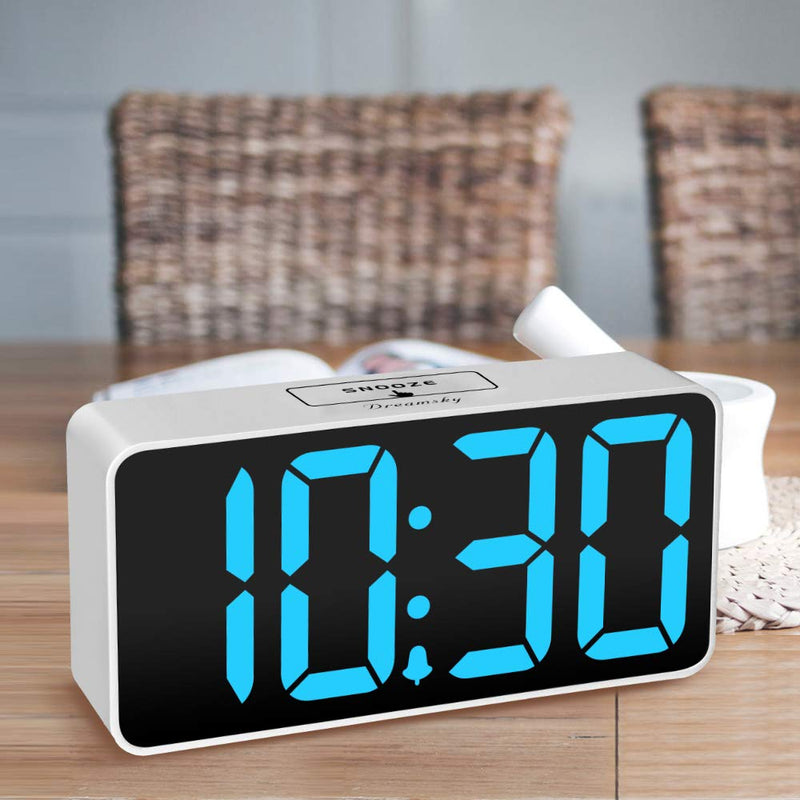 NewNest Australia - DreamSky 8.9 Inches Large Digital Alarm Clock with USB Charging Port, Fully Adjustable Dimmer, Battery Backup, 12/24Hr, Snooze, Adjustable Alarm Volume, Bedroom Desk Alarm Clocks White Case + Blue Digit 