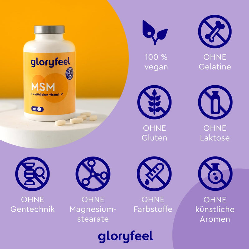 MSM 2000mg + Natural Vitamin C - 365 high-dose tablets - For bones, joints, skin & immune system* - Vegan methylsulfonylmethane - Laboratory tested and made in Germany without additives - NewNest Australia