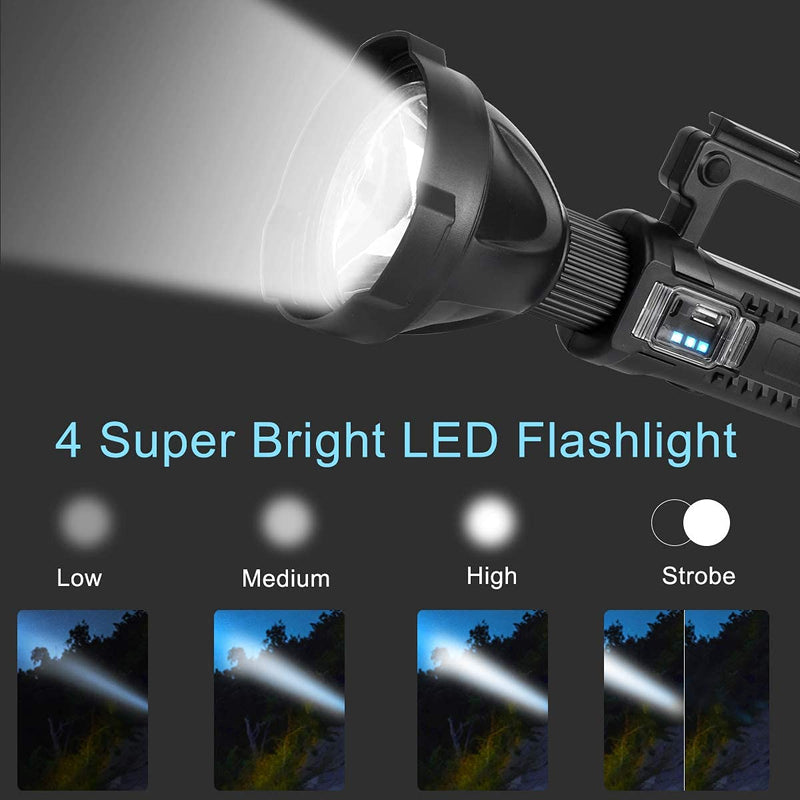 Rechargeable LED Spotlight Flashlights 90000 High Lumens, Super Bright Flashlight with 4 Modes IPX5 Waterproof, Large Searchlight for Fishing, Hiking and Camping with Tripod and USB Output Lamp 5 Inch - NewNest Australia