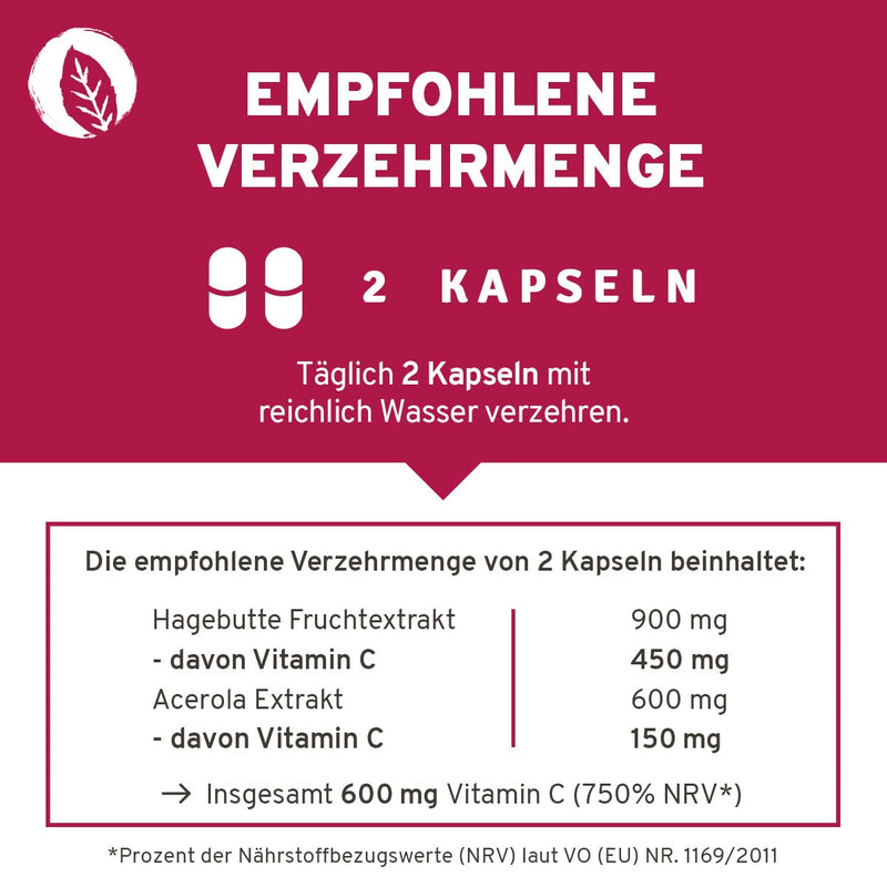 Highly dosed 600mg natural vitamin C from acerola extract and rosehip extract. 120 capsules in a 2 month supply. Highly usable, vegan + made in Germany. - NewNest Australia