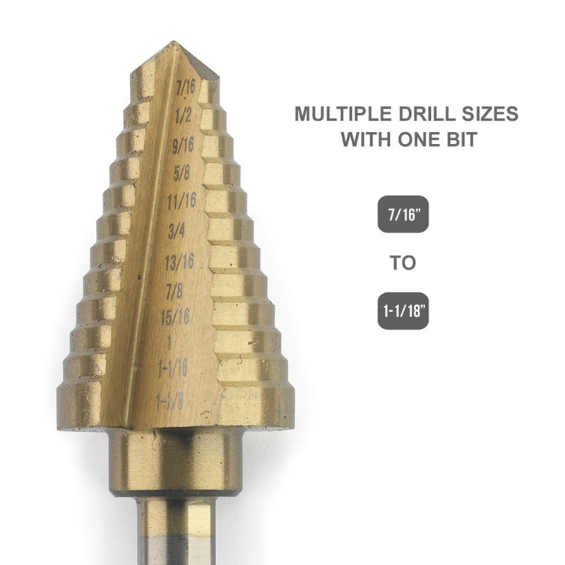 Neiko 10189A Titanium Step Drill Bit, High Speed Steel | 7/16" to 1-1/8" | Total 12 Step Sizes. 3/16" - 7/8" - NewNest Australia