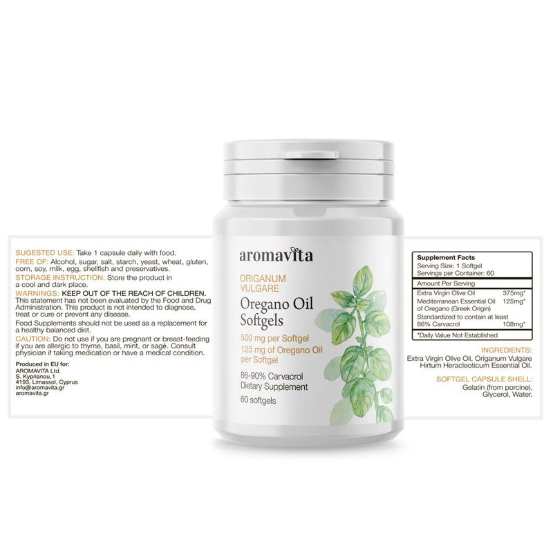 Aromavita Oregano Oil Capsules – Non GMO and Gluten Free, Greek Oregano Oil Containing 108mg Per Serving – Over 86-90% Carvacrol – 60 Softgels, Regular - NewNest Australia