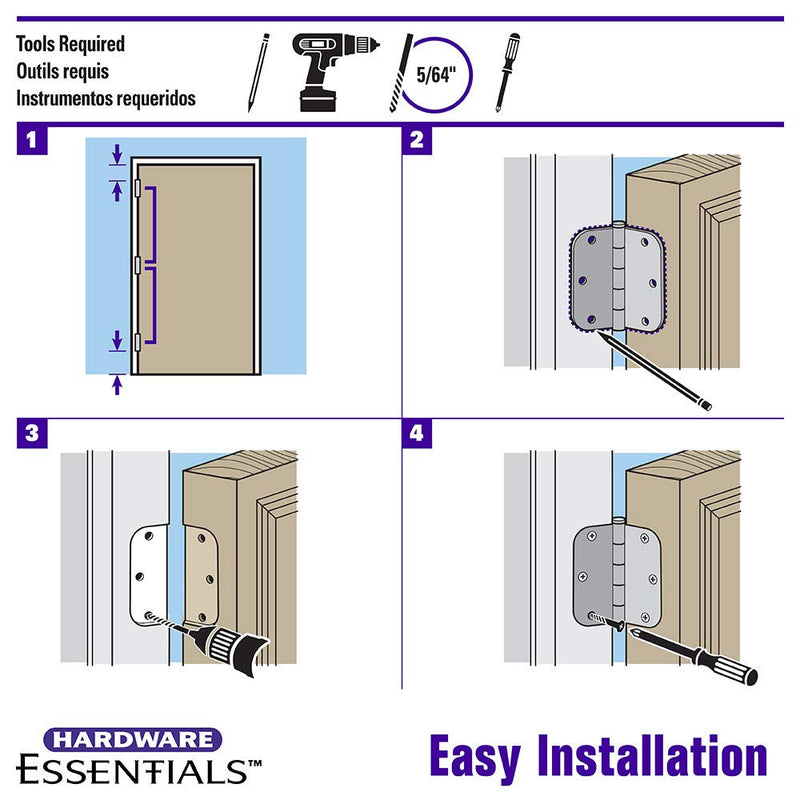 Hardware Essentials 854323 Smooth Corner Squeak-Proof Door Hinges, 3-1/2 inch, 3-1/2", Satin Nickel, 3 Pieces - NewNest Australia