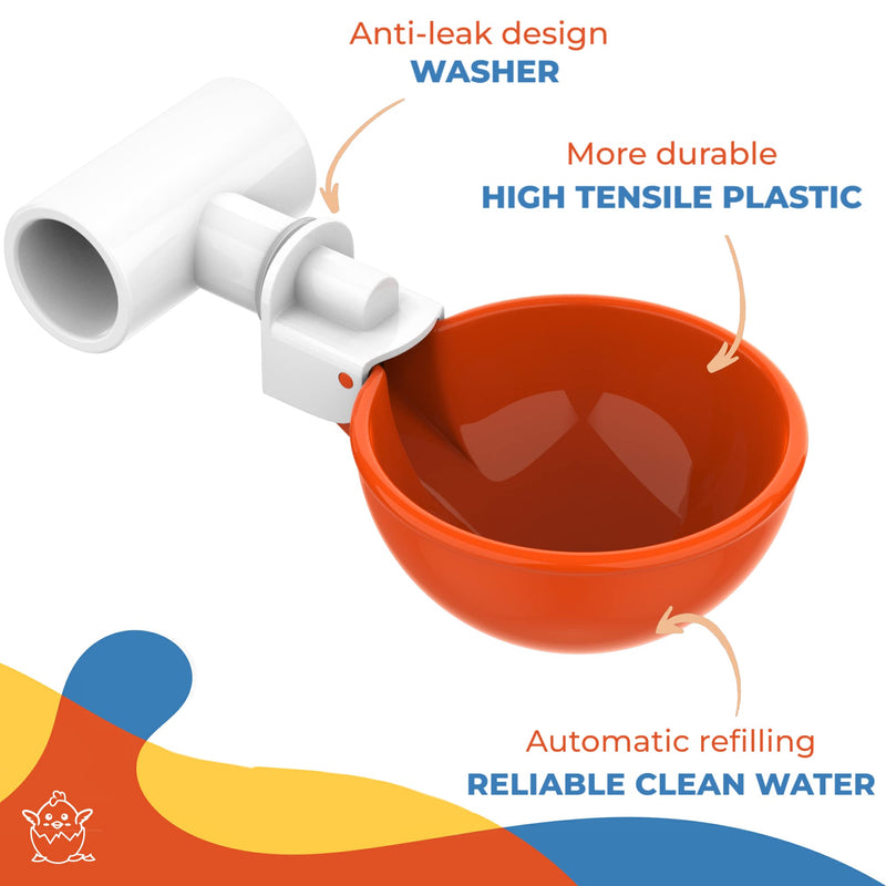 Lil'Clucker 5pc Large Automatic Chicken Waterer Cups with 1/2" PVC Tee Fittings - Chicken Water Cups, Chicken Water Feeder, for Chicks, Duck, Goose, Turkey - Poultry Waterer Feeder Kit - (Orange) - NewNest Australia