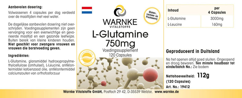 L-Glutamine capsules - 750mg per capsule - vegan & high dosage - free form - 120 capsules | Warnke vital substances - NewNest Australia