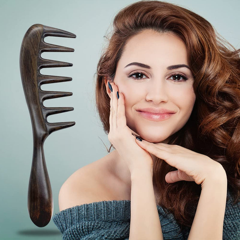 EQLEF Large Wide Tooth Comb Wooden Comb Natural Black Sandalwood Comb Anti Static and Detangling Handmade Big Tooth Comb for Thick Curls and Straight Easy Detangle Hair - NewNest Australia