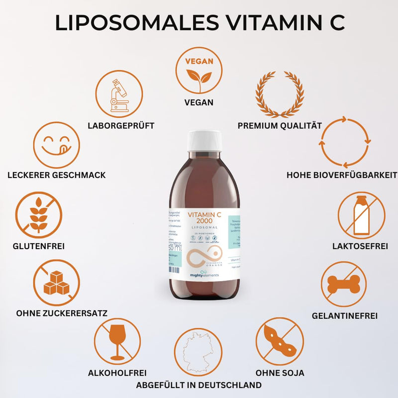 Mighty Elements Liposomal Vitamin C 2000 mg high dose, orange flavor, immune system, vegan, gluten-free & lactose-free, liquid 250 ml, glass bottle - NewNest Australia