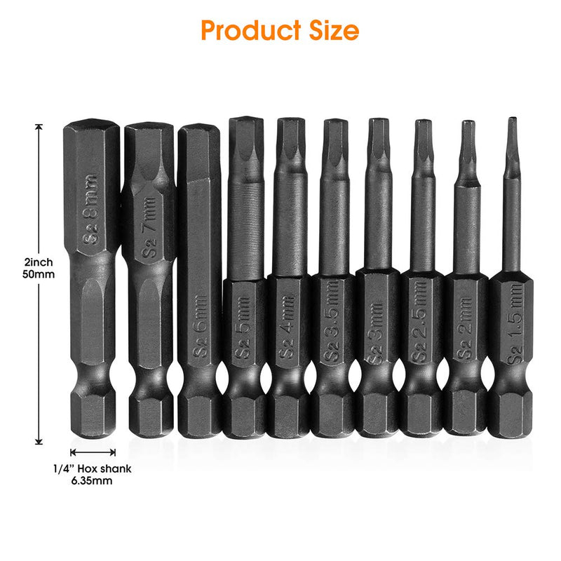 10PCS Hex Head Allen Wrench Drill Bit Set, VAKOGAL S2 Steel Hex Head Screwdriver Bit Set, with Magnetic, 1.5-8mm Metric, 1/4 Inch Hex Shank, 2 Inch Length, for Hand Held Wrench and Electric Drills METRIC (MM) - NewNest Australia