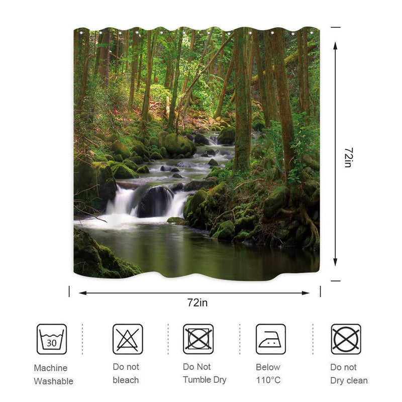 Nature Shower Curtain Flowing Stream Forest Waterfall Natural Landscape Green Trees Jungle Mossy Rocks Themed Scenery Waterproof Fabric Bathroom Decor 72x72 Inch Plastic Hooks 12PCS - NewNest Australia