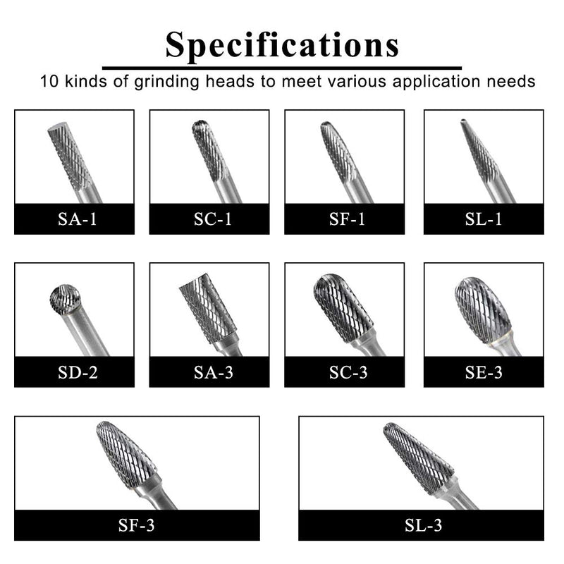 YUFUTOL Carbide Burrs Set 10pcs Double Cut Solid Carbide Rotary Burr Set 1/4 Inch Shank for Die Grinder Drill,Metal Carving, Polishing,Engraving,Drilling - NewNest Australia