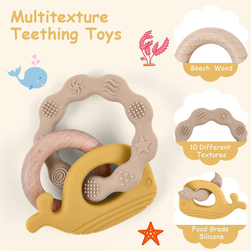 Vicloon Teething Ring For Babies, Teething Ring Toy Made Of Silicone And Wooden Rings, Baby Teething Aid Bpa-Free, Pain-Relieving Teething Nursing Accessories For Babies From 3 Months (Whale Brown) Whale Yellow - NewNest Australia