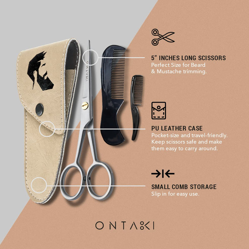 ONTAKI Professional German Beard & Mustache Scissors 5" Inches Comb & Carrying Pouch Hand Forged with Bevel Edge for Precision Perfect Men’s Facial Hair Grooming Kit All Body Facial Hair (Silver) Silver - NewNest Australia