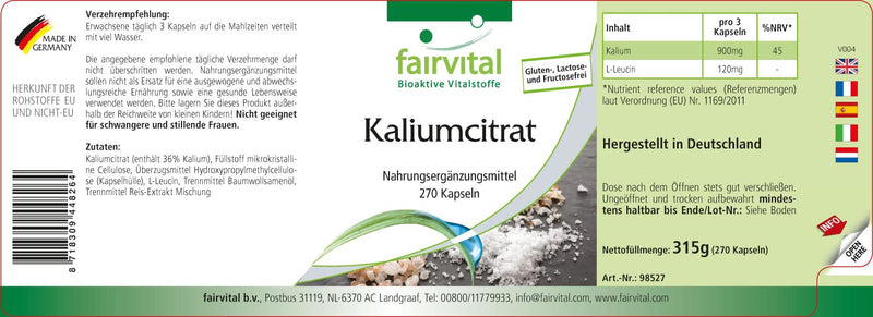 Fairvital | Potassium citrate capsules - HIGH DOSE - 300mg potassium per capsule - VEGAN - Potassium Citrate - 270 capsules - NewNest Australia