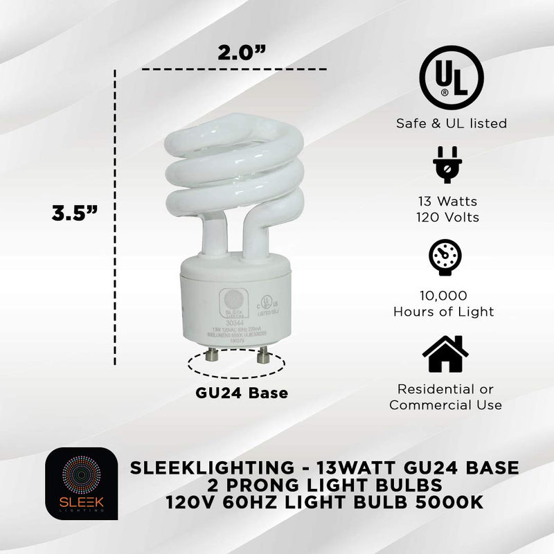 SleekLighting - 13Watt GU24 Base 2 Prong Light Bulbs- UL approved-120v 60Hz Light Bulb- Mini Twist Lock Spiral -Self Ballasted CFL Two Pin Fluorescent Bulbs- 5000K Daylight 4pack - NewNest Australia