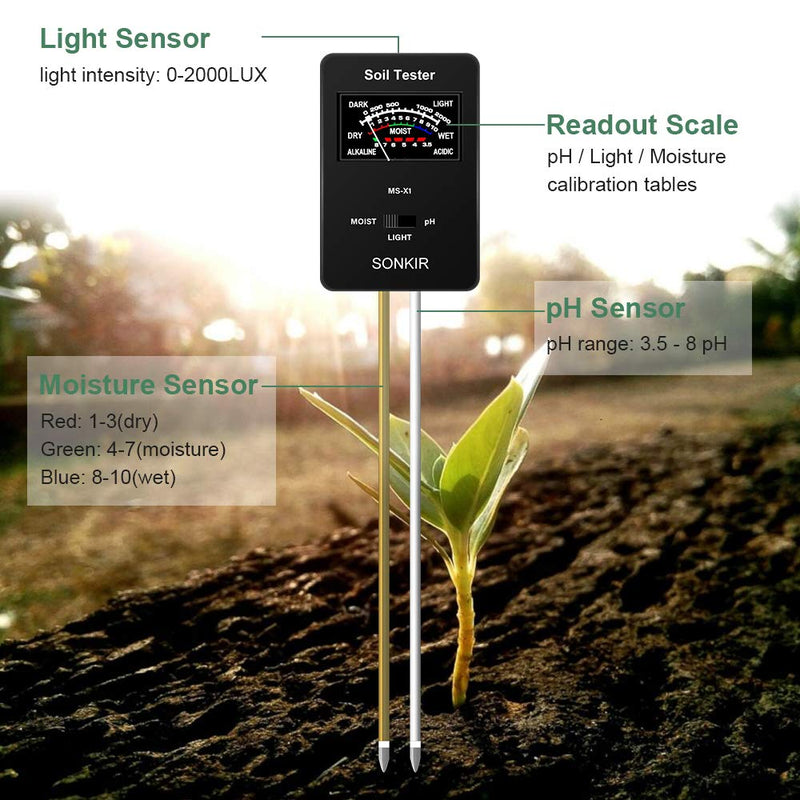 Sonkir Soil pH Meter, MS-X1 Upgraded 3-in-1 Soil Moisture/Light/pH Tester Gardening Tool Kits for Plant Care, Great for Garden, Lawn, Farm (Black) - NewNest Australia