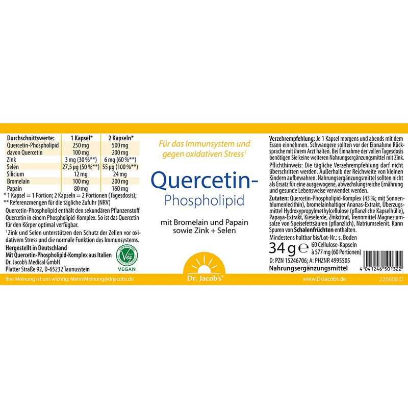 Dr. Jacob's Quercetin Phospholipid 34.6 g 60 capsules I 20 times higher bioavailability I with valuable enzymes bromelain & papain, zinc & selenium I for the immune system¹ & against oxidative stress² - NewNest Australia