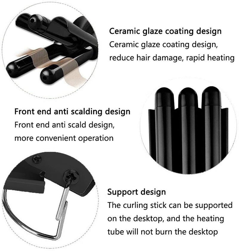 Hair Curler, 3 Barrels Hair Waver Upgrade Version Ceramic with 2 Gear Temperature Control, 25mm Curling Tongs for Long Hair, Styling Tool for Woman Crimp Hair with Plus Heat Resistant Glove Black - NewNest Australia