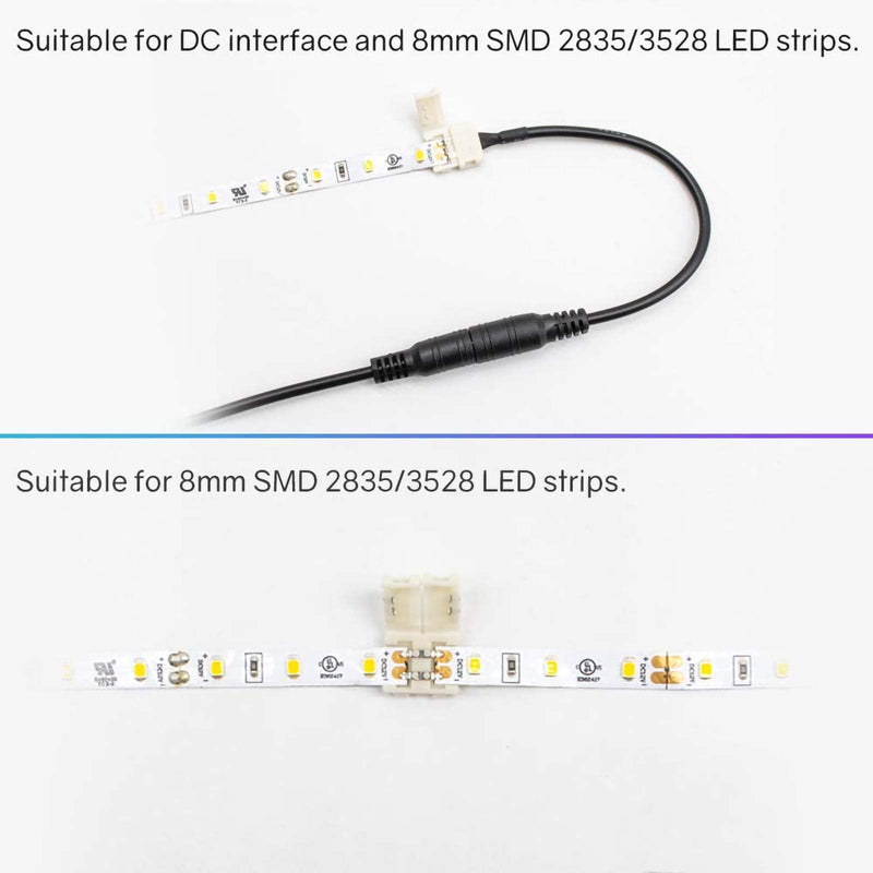 HitLights LED Strip Connector 2Pin 8mm LED Connector Kit Include Solderless Gapless Connector, 6Inch Jumper Connector, DC Female and Connector, DC Jack Splitter for 3528 5050 LED Strip White 2 Pin Connector Kit - NewNest Australia
