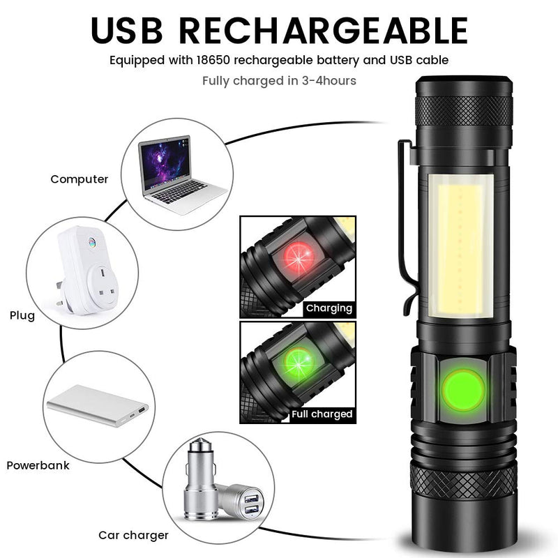 Rechargeable Flashlight,[New Edition LED Flashlight with Red Cob Strobe Light] Mini Small Maglite Flashlights with High Lumens,Waterproof,Zoomable,6 Modes for Hiking,Camping,Emergency(2 Pack） - NewNest Australia