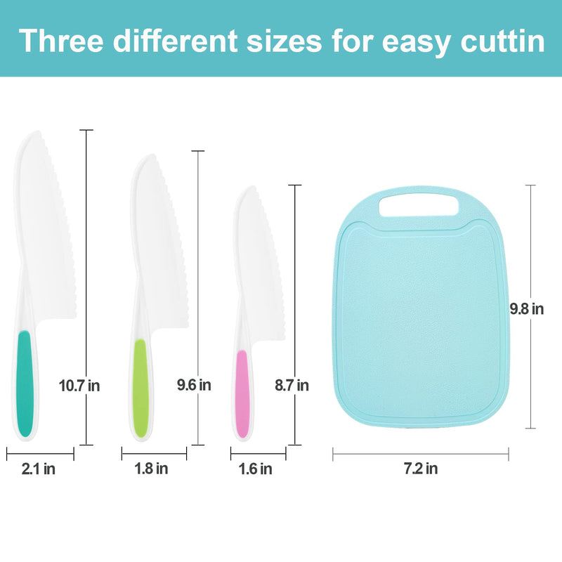 DIKAKO Kids Knife 3-Piece with Cutting Board - Toddler Knife Set Children's Cooking Nylon Knives - Serrated Edges and Firm Grip Suitable for Cutting Salad, Fruit, Cake, Lettuce (3 Sizes & Colors) - NewNest Australia