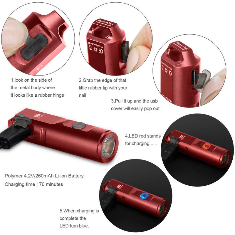 (Upgraded) RovyVon Aurora A3 650 Lumens Outdoor EDC Mini Keychain Rechargeable LED Flashlight, Hard Anodizing Aluminium Alloy Built-in Li-ion Battery USB Charging, Waterproof IPX-65 Small Torch(Red) Lucky Red - NewNest Australia