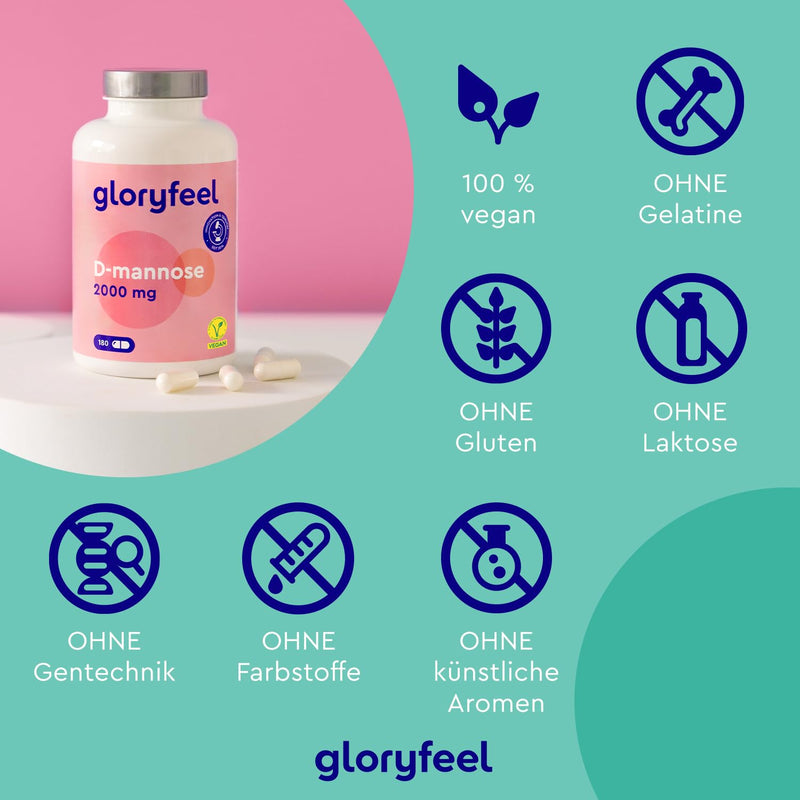 gloryfeel D-Mannose high dose - 2000 mg pure D Mannose per daily serving - 180 capsules from plant origin - 100% vegan, laboratory tested and made in Germany without additives - NewNest Australia