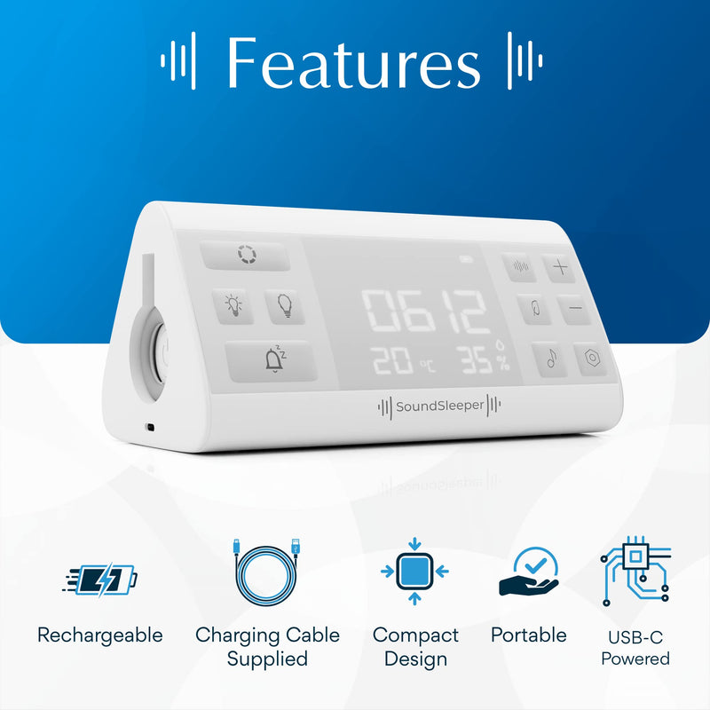 SoundSleeper White Noise Machine and Relaxation Aid with Voiced Relaxation Script, 33 Sounds, Digital Clock, Temperature & Humidity Monitors, and Nightlight. Portable, Rechargeable Sleep Aid. - NewNest Australia